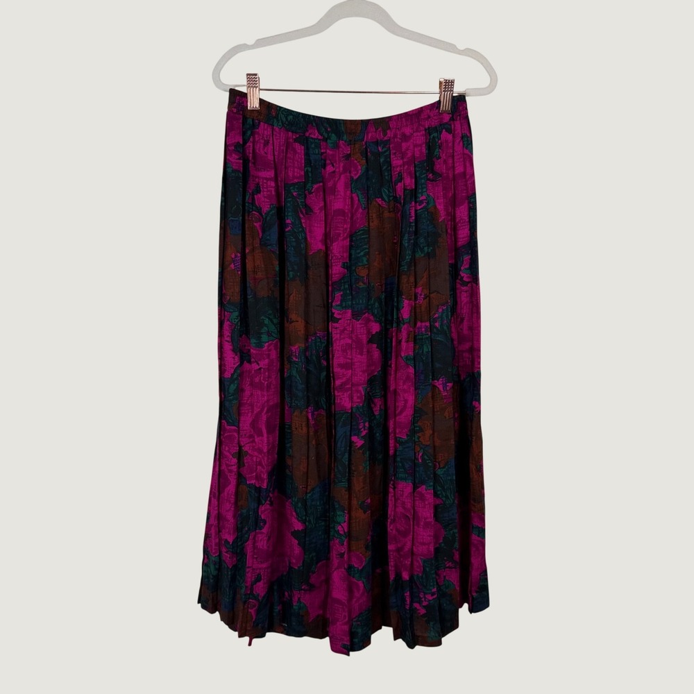 Vtg Russ Skirt 14 Pink Brown Floral Pleated Midi Elastic Waist Retro Cottage USA